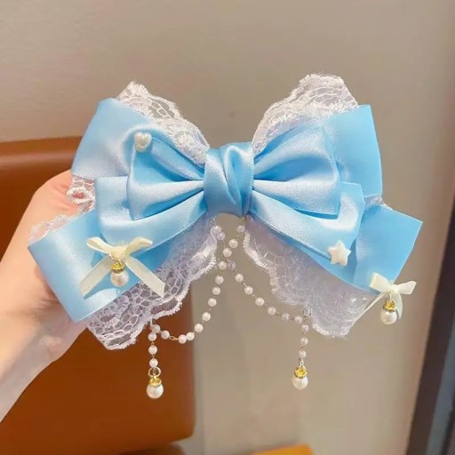 Gran lazo para el cabello de aproximadamente 15 cm Encaje Perlas Hebilla de metal Adorno de tela Accesorio capilar elegante