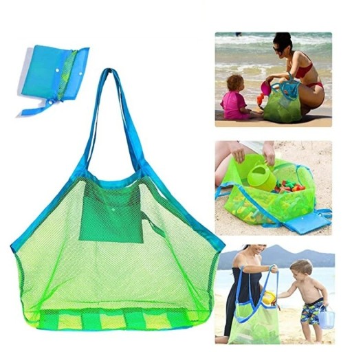Grande bolsa de praia colorida em rede com abertura para pendurar, dobrável e respirável, bolsa para brinquedos e objetos resistente à areia