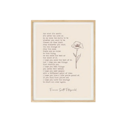 Grande poster con citazione di Francis S. Fitzgerald 40 × 60 cm stampa su tela motivo minimalista chiaro con fiore decorazione per la casa senza cornice