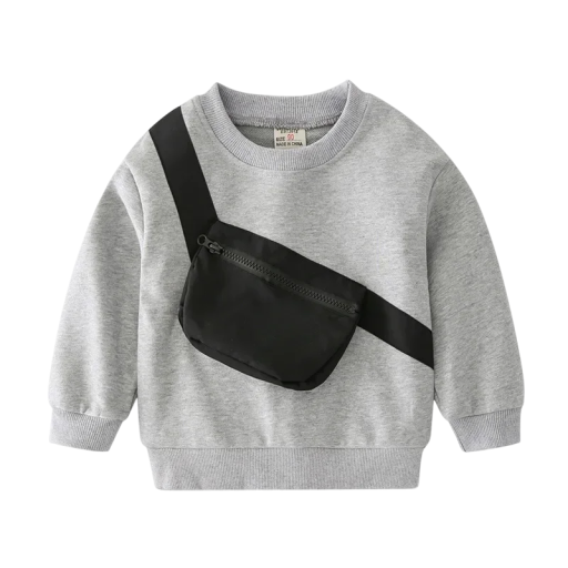 Grauer Kinder Jungen Hoodie mit Bauchtasche und Rundhalsausschnitt, langärmlig mit Bündchenabschlüssen