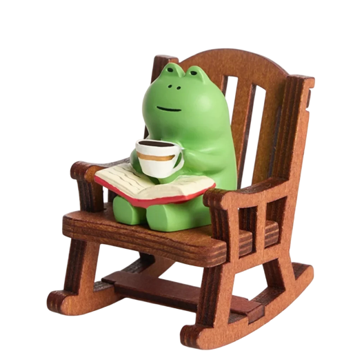 Grenouille décorative dans un fauteuil à bascule avec un livre et une tasse 6 × 4 × 2,3 cm Figurine en résine pour table ou étagère