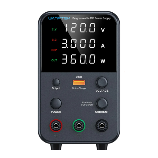 Grey Laboratory Power Supply 120V 3A 360W Mini DC Power Supply with LED Display USB-A USB-C Fast Charging Memory M1 M2 M3 OVP OCP