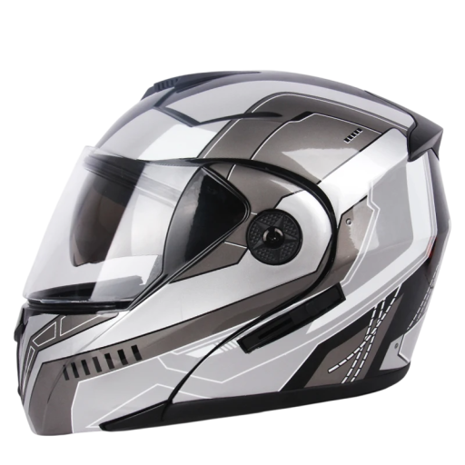 Grijze opklapbare motorhelm met dubbel vizier Intercom-ready Ventilatiegaten Oogbescherming Voor stadsritten en toertochten