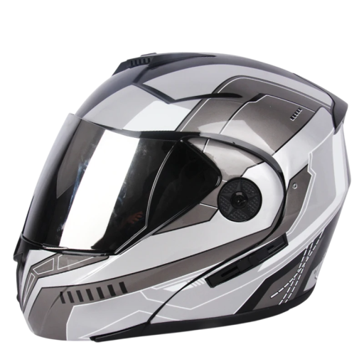 Grijze opklapbare motorhelm met dubbel vizier, zonneklep, zilveren buitenvizier, motorveiligheidshelm