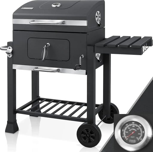 Grill ogrodowy na węgiel drzewny 113x53,5x100 cm stalowy czarny z wózkiem, termometrem, popielnikiem, trzema rusztami i bocznym stolikiem