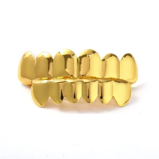 Grillz hip-hop dorés ensemble supérieur et inférieur avec finition brillante Ajustement en silicone Bijoux dentaires pour hommes et femmes Accessoire de costume