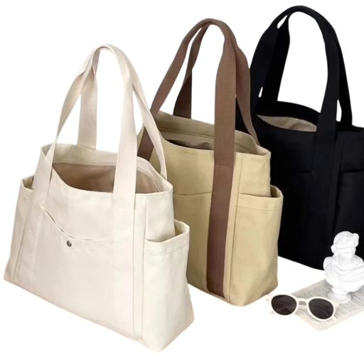 Grote canvas schoudertas met zakken Stijlvolle winkel- en werktas Voor laptops tot 15,6&#39;&#39; Canvas schoudertas