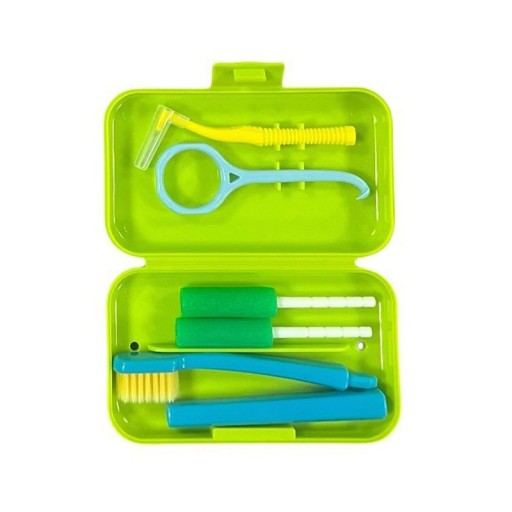 Grünes kieferorthopädisches Werkzeugset Zahnspangenbürste Interdentalbürste Zungenschaber Wachsstreifen Haken Zahnspangenwerkzeuge