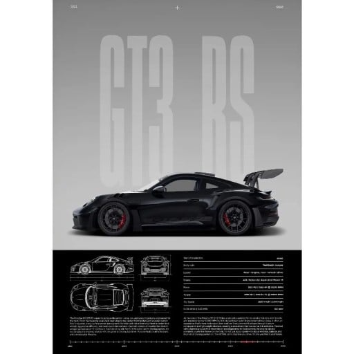 GT3-RS juliste urheiluauto sivuprofiili 40 x 60 cm kangastuloste musta auto ilman kehystä seinäkoriste asuntoon