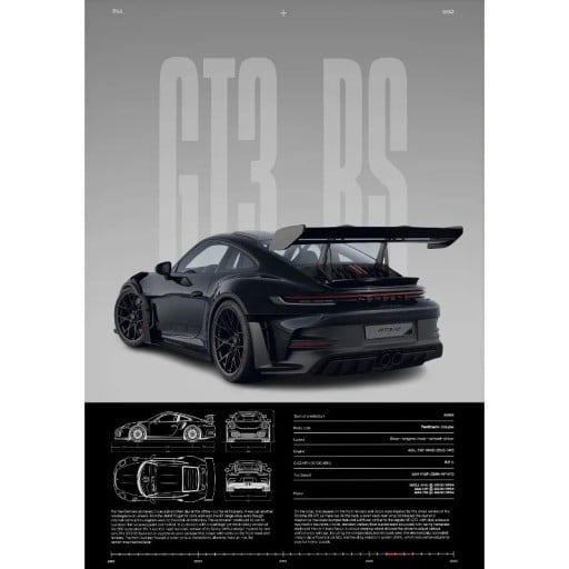 GT3-RS-seinäjuliste urheilu luksusauto takaa 20 x 30 cm kankaan painatus musta auto ilman kehystä sisustukseen
