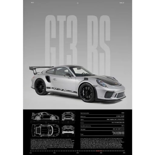 GT3-RS-seinäplakaatti urheilu luksusauto 40 x 60 cm kankaatuloste hopea-auto ilman kehystä sisustukseen