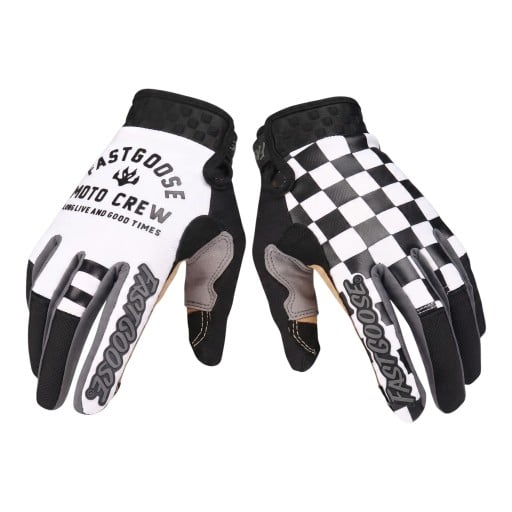Guantes de dedo completo táctiles para bicicleta y motocross con patrón de tablero de ajedrez en uno y texto en el otro guante y pulgar