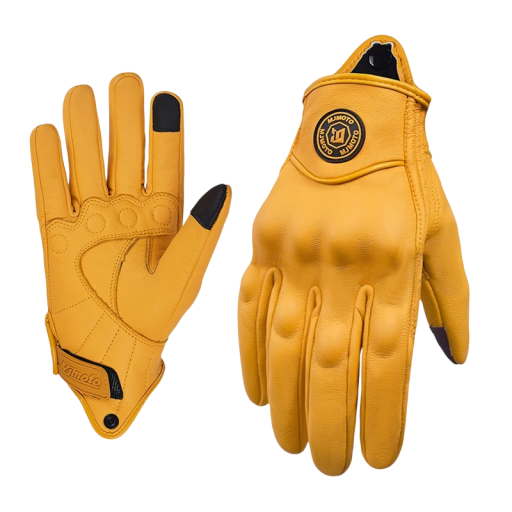 Guantes de motocicleta de cuero amarillo retro para hombre y mujer, guantes de carreras transpirables con protección para los nudillos, estilo