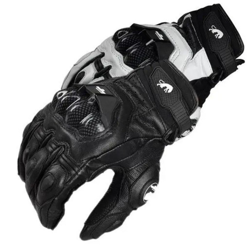 Guantes de motocicleta de cuero genuino negro y blanco para equipo de carreras de carretera, guantes para hombre con correa ajustable