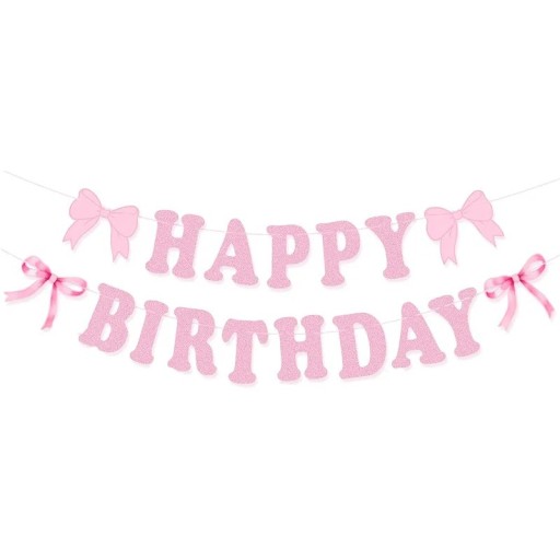 Guirnalda de papel Happy Birthday con lazos 2 m Decoración de cumpleaños de papel rosa decoración colgante para fiesta en la pared para celebración
