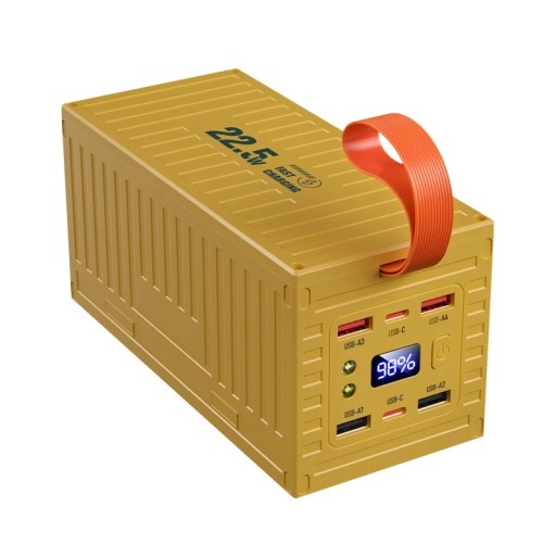 Gul powerbank med rem og stor batterikapacitet. 60000 mAh Li-Po batteri. Bærbar ladestation med dobbelt LED-lommelygte og LCD-display. Hurtigopladning. 14,5 x 7,5 x 7 cm.