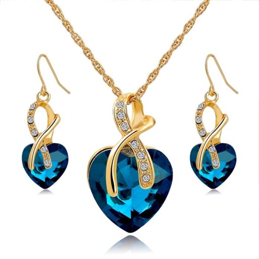 Guldpläterat halsband + örhängen CRYSTAL HEART - Blå