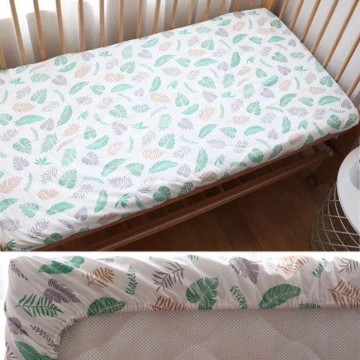 Gyerek ágynemű 130 x 70 cm Pamut feszített lepedő gumival körben Lélegző lepedő levelekkel
