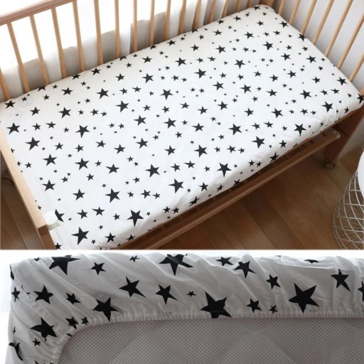 Gyerek ágynemű 130 x 70 cm Pamut, gumírozott, rugalmas lepedő Fújható lepedő fekete csillagokkal