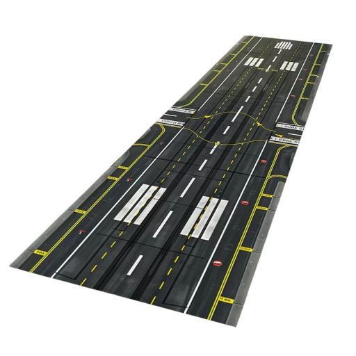 Gyerek futószőnyeg repülőtéri kifutópálya mintával, 50 x 150 cm, fekete játékszőnyeg csúszásgátló bevonattal repülőgépekhez