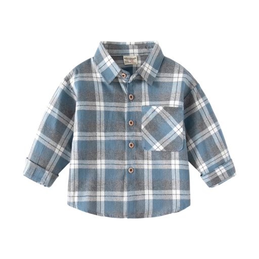 Gyerek modro-szürke kockás ing gallérral Pamut blúz hosszú ujjakkal Kényelmes gombos felső fiúknak és kisbabáknak Kényelmes ruházat