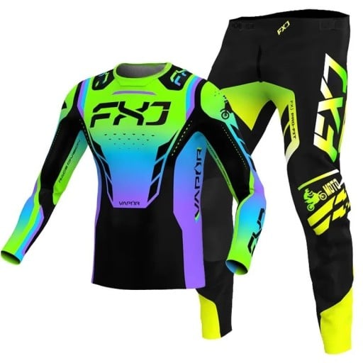 Gyerek motokrossz szett mez és nadrág Poliészter és nylon Neon zöld kék átmenettel Unisex gyerek ruházat motokrosszhoz és endurohoz