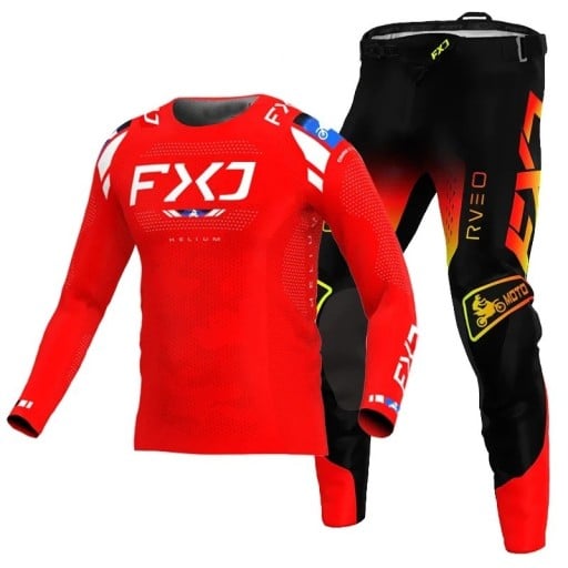 Gyerek motokrossz szett mez és nadrág Szabad szabás Poliészter és nylon Piros-fekete fehér elemekkel Unisex gyerek motokrossz és enduro ruházat