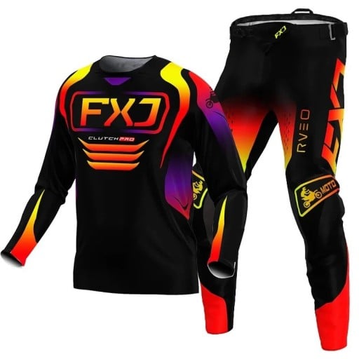 Gyerek motokrossz szett póló és nadrág Hosszú ujjú Poliészter és nylon Fekete narancssárga átmenettel Unisex gyerek motokrossz és enduro ruházat