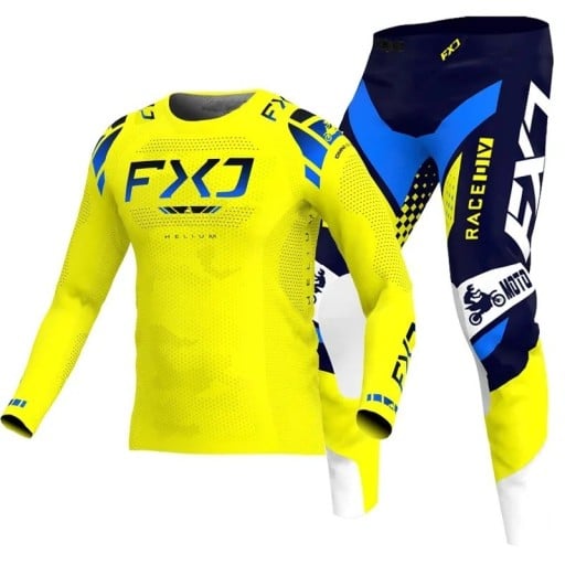 Gyerek motokrossz szett póló és nadrág Hosszú ujjú Poliészter és nylon Sárga-kék fehér elemekkel Unisex gyerek ruházat motokrosszhoz és endurohoz