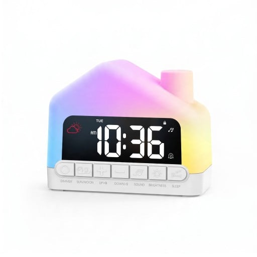 Gyerek világító ébresztőóra házikó RGB éjszakai fénnyel 13,5 x 6,65 x 10,9 cm Fényes ébresztés Két ébresztő Gyerekzár Fehér Gyerekszobába