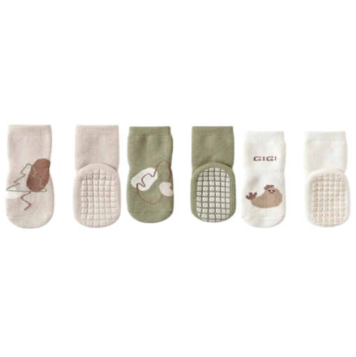 Gyerek zoknik unisex 3 pár Antislip zoknik állatos mintákkal Pamut elasztán nylon Színes puha zoknik gyerekeknek Rugalmas szegély