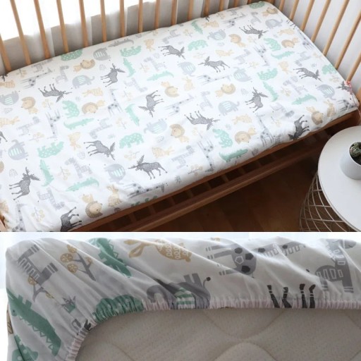 Gyerekágyhoz való lepedő 130 x 70 cm Pamut, gumival ellátott, rugalmas lepedő Gyerek állatos mintás lélegző lepedő