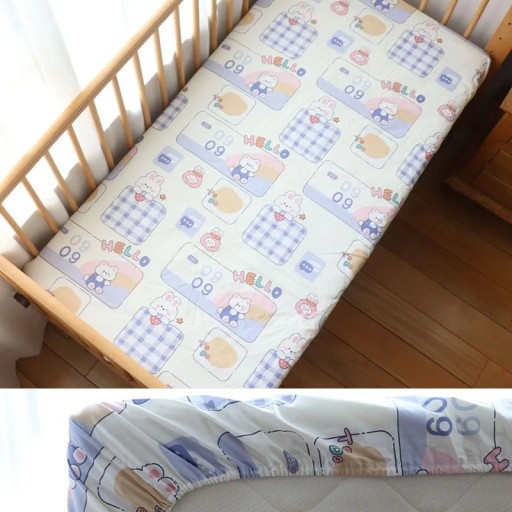 Gyermek ágynemű 130 x 70 cm Pamut nyújtható lepedő gumival a peremén Légáteresztő lepedő nyuszikkal