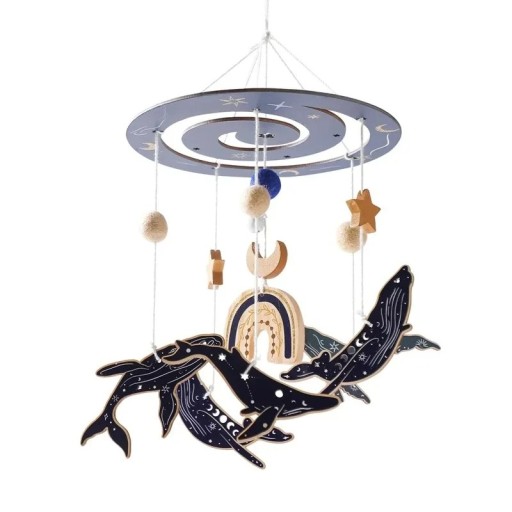 Gyermek függő körhinta ágy fölé, delfin motívummal, nyugtató dekoráció, ideális a baba alvásához