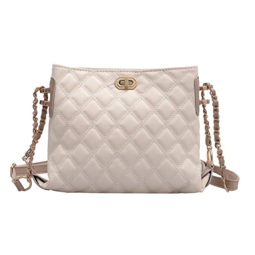 Γυναικεία ραφτή τσάντα crossbody ώμου Διαμαντένιο σχέδιο Αλυσίδα Χρυσός περιστροφικός κλειδαριά Κρέμα PU δέρμα 20 x 17 x 6 cm