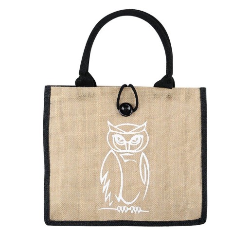 Γυναικεία τσάντα από λινό ύφασμα με εκτύπωση κουκουβάγιας Φυσική μπεζ τσάντα με μαύρη περιφέρεια, κοντές λαβές και κλείσιμο με κουμπί