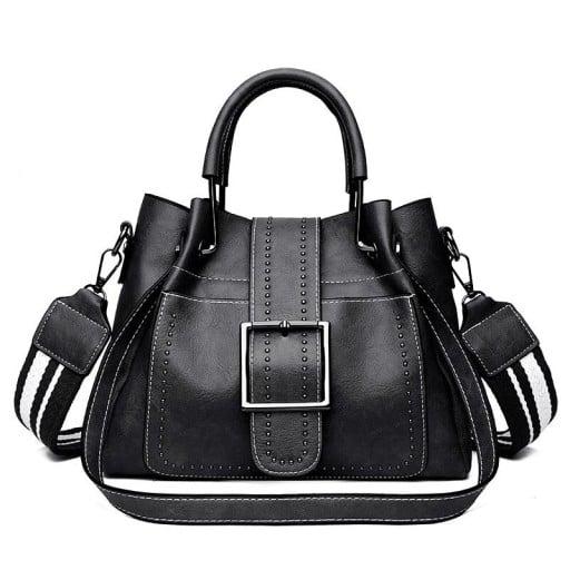 Γυναικεία τσάντα crossbody από PU δερματίνη με λαβή στο χέρι Φαρδύ ριγέ λουρί Μεγάλη μεταλλική αγκράφα και διακοσμητικά τρουκ 27 x 20 x 13