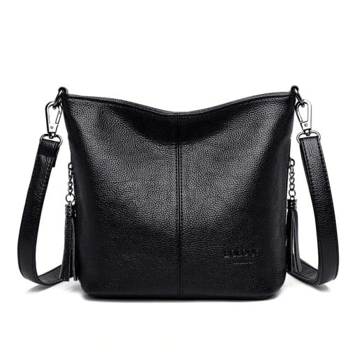 Γυναικεία τσάντα crossbody από τεχνητό δέρμα Τραχιά επιφάνεια Λουρί στον ώμο με μεταλλικές καραμπίνες Διακοσμητικά κρόσσια σε αλυσίδα
