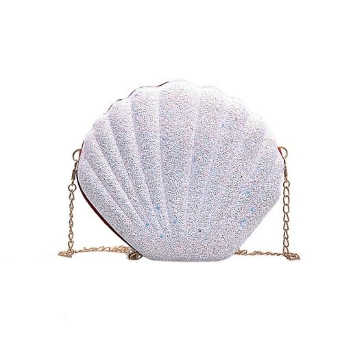Γυναικεία τσάντα crossbody σε σχήμα κοχυλιού Λαμπερή ραβδωτή επιφάνεια Αλυσίδα σε χρυσό χρώμα Πλαστικό και πολυεστέρας Για την πόλη