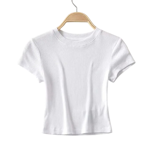 Γυναικείο ριγωτό crop t-shirt με κοντό μανίκι Ελαστικό τοπ με στρογγυλή λαιμόκοψη Μοντέρνα εφαρμοστή γραμμή Μοντέρνο μονόχρωμο t-shirt