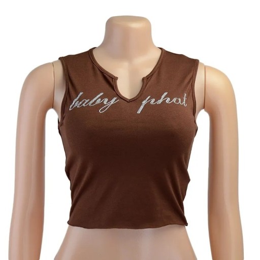 Γυναικείο T-shirt Crop Top καφέ με εκτύπωση Baby Phat Λαιμόκοψη σε V Φαρδιά τιράντα Μοντέρνο T-shirt πολυεστέρας σπαντέξ