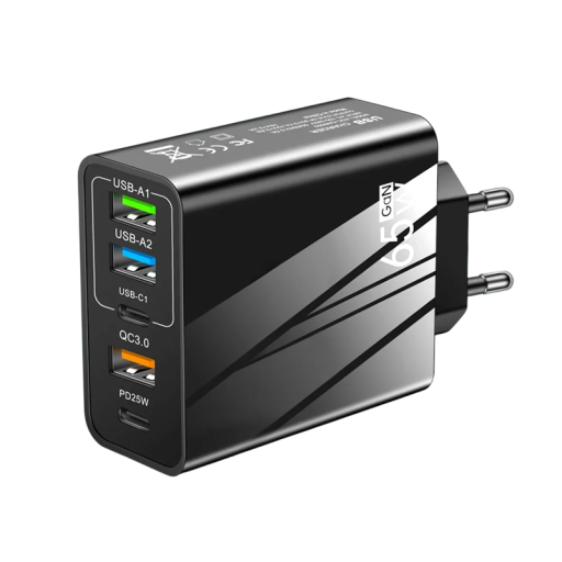Gyorstöltő 65 W-os utazási adapter 3× USB A és 2× USB C port PD töltőfej 100-240V töltés 5 eszköz egyszerre