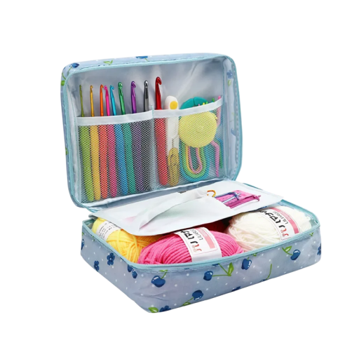 Haakset met garen 5 stuks 12 zilveren haken 9 haken met handvat accessoires naalden meetlint schaar etui blauwe kersen