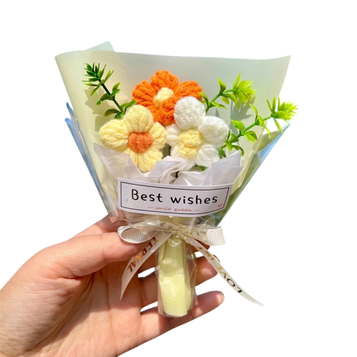 Háčkovaná kytice dekorativní květiny 20x16 cm mléčná bavlna dárková kytice pro narozeniny svátek oslavu a interiér