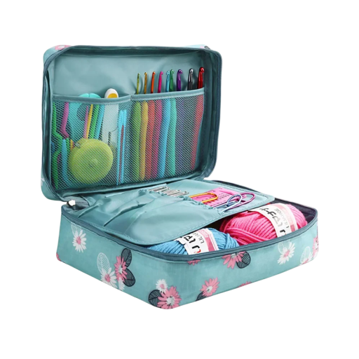 Häkelset mit Garn in zufälligen Farben 12 Metallhäkeln 9 ergonomische Häkeln Zubehör und Etui mit Blumenmuster