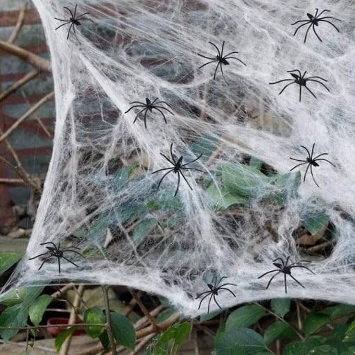 Halloween-rekwisieten voor buiten, rekbaar kunstmatig spinnenweb met spinnen, feestdecoratie, kleurrijk spinnenweb, spookhuis