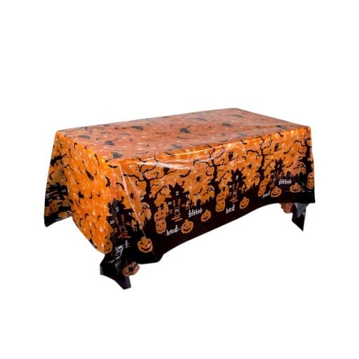 Halloween Tischdecke Gruselige Szene mit Kürbissen Rechteckig 130 x 220 cm Glänzende Oberfläche Orange-Schwarz Deko für Partys und Feiern