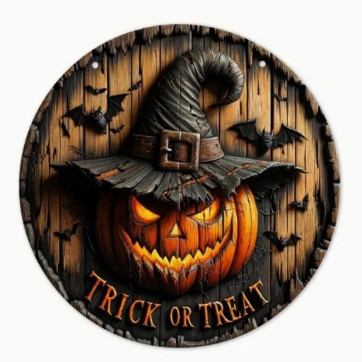 Halloween trædekoration Træophæng med græskar Rundt skilt med Halloween-motiv Retro træskilt med dørophæng 20 cm