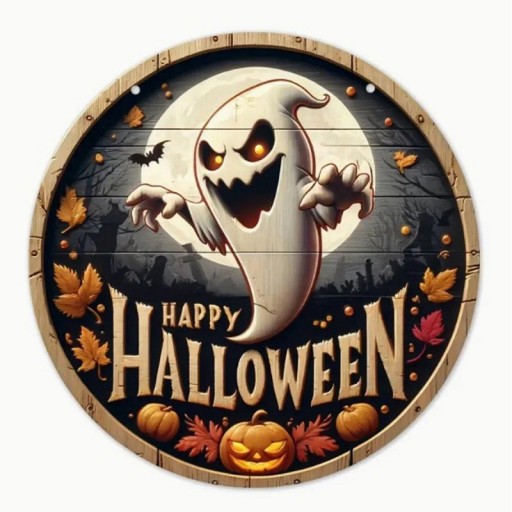 Halloweenin puinen koriste Puinen riippulevy, jossa on aave Pyöreä kyltti halloween-teemalla 20 cm