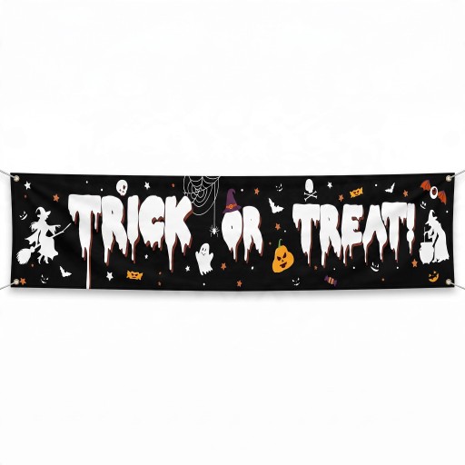 Halloweense banner Trick or Treat Met heksen 200 x 40 cm Polyester met metalen ogen Zwart-witte decoratie voor hek en veranda Feestbord